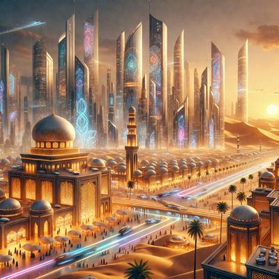 Primary subject: Futuristic city with tall buildings and a large dome.
Setting/background: A cityscape with a large dome and many tall buildings.
Visual style: Digital art.
Colors and mood: The image is colorful and has a vibrant, futuristic atmosphere.